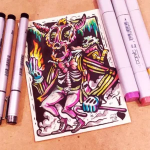 Balthazar by Hans Kristo — a skeletal clown figure drawn with marker on paper, combining eerie playfulness with surreal grotesque detail.