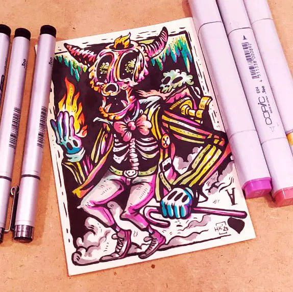 Balthazar by Hans Kristo — a skeletal clown figure drawn with marker on paper, combining eerie playfulness with surreal grotesque detail.