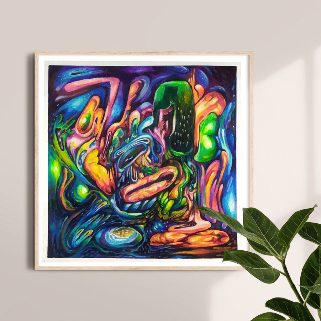 large oil pastel on paper abstract artwork blending traditional pastel with digital elements in experimental multimedia style