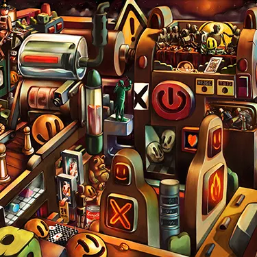 Pop Surrealism artwork System Trap preview from Homo Ludens series, symbolic blend of ritual, structure, digital and physical display by Hans Kristo