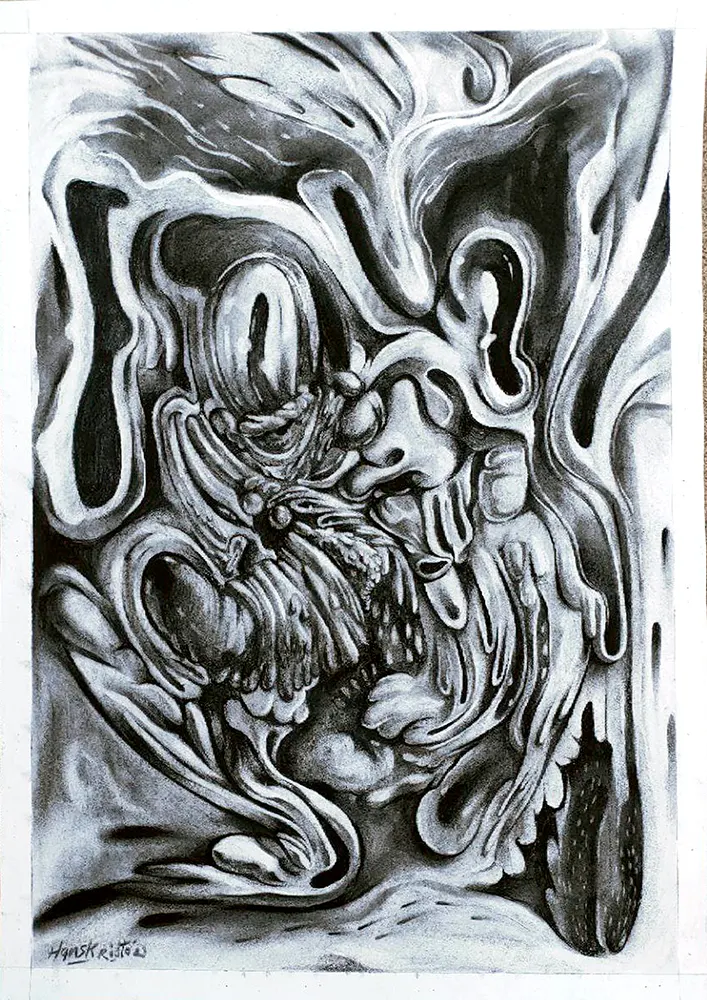 lack and white abstract artwork titled Becoming the Transcendent by Hans Kristo, depicting fluid organic forms that symbolize the self dissolving beyond physical limits, merging with earth and universe in a spiritual journey toward higher consciousness.