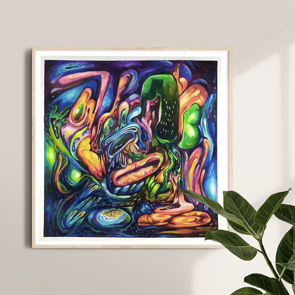 Crayon and oil pastel artwork by Hans Kristo, blending vibrant textures and layered strokes, reflecting his passion for exploring diverse mediums.