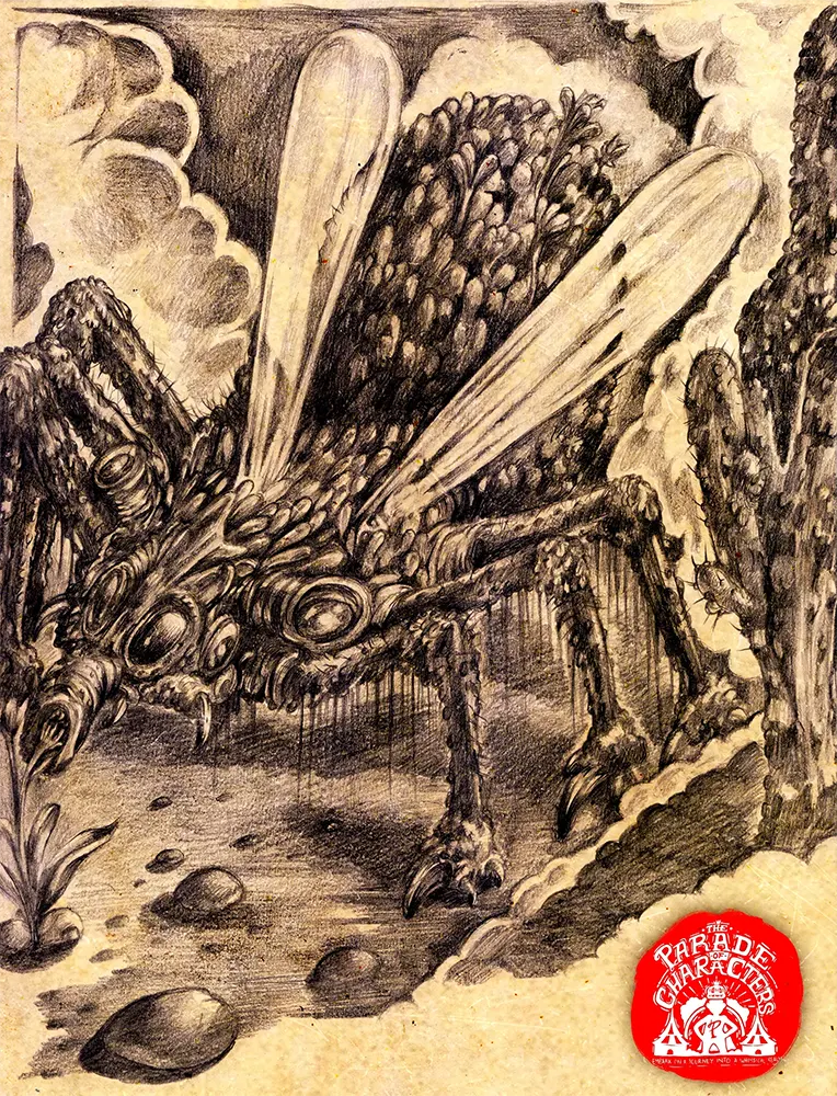 Pencil drawing of Araneus–Papilioensis, a hybrid creature combining spider and butterfly features, symbolizing beauty entangled with fear and transformation.