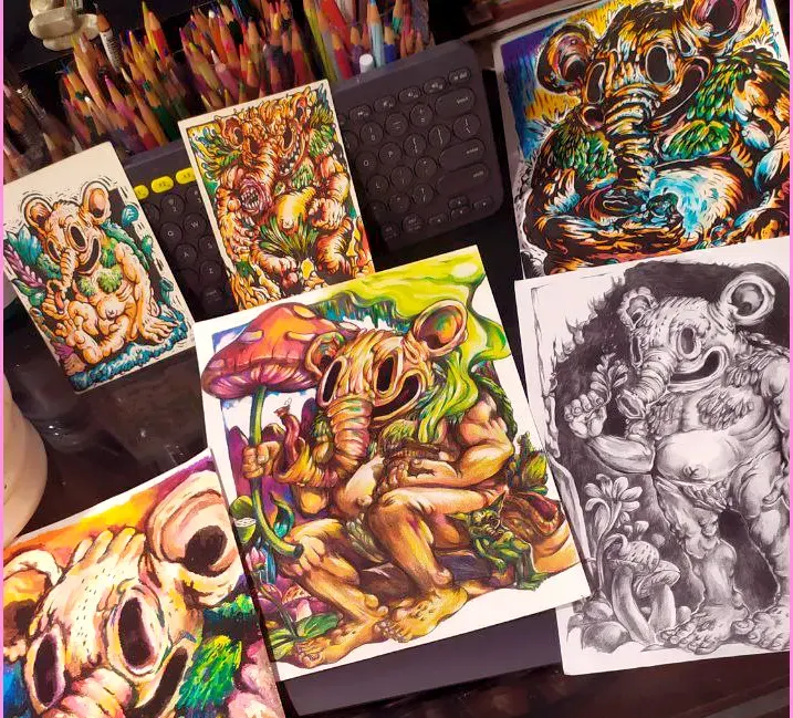 Work in progress of Mysura by Hans Kristo — a surreal figure emerging within cavern-like forms, evoking mystery, healing, and hidden valleys.