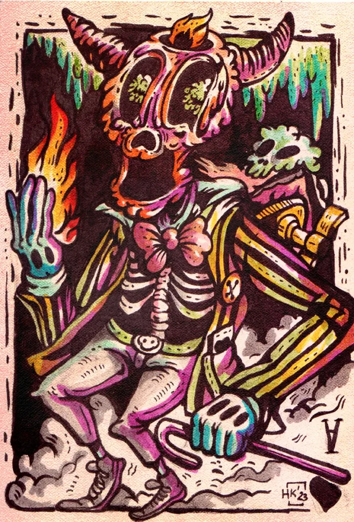 Balthazar, the skull-faced clown with buffalo-like horns in a tuxedo, carrying a box of magical creatures at Gloomshade Cliffs.