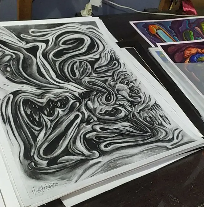 Charcoal drawing art by Hans Kristo , abstract art 2024 unique form