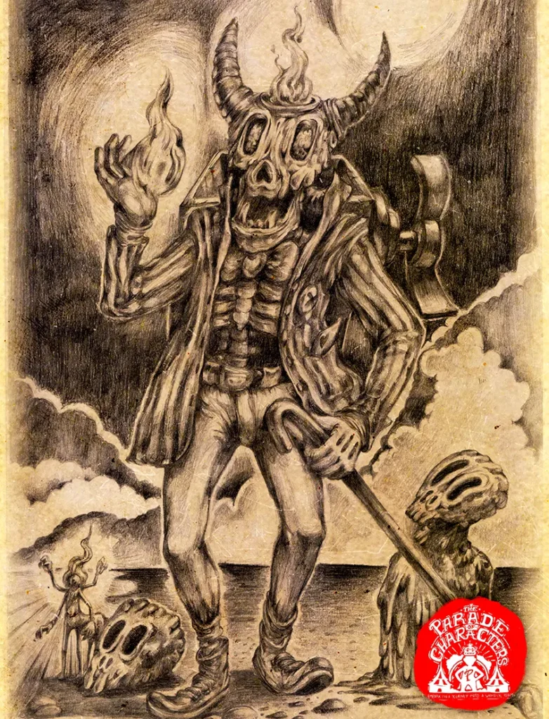 Drawing of Balthazar, a skull-faced clown with buffalo-like horns in a tuxedo, holding a box of magical creatures.