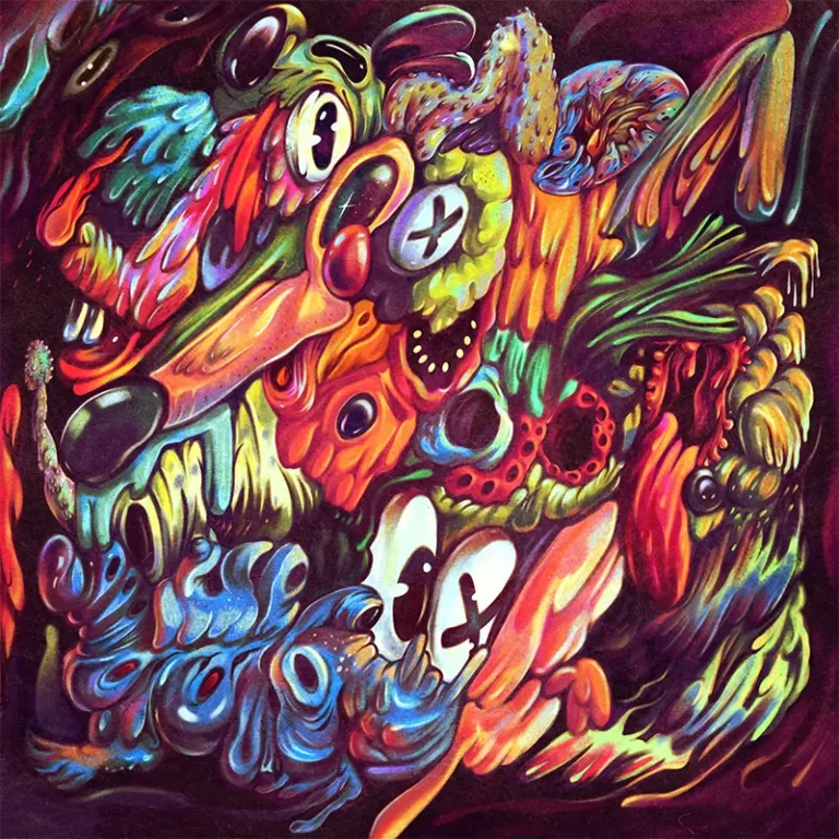 Hans Kristo | Pop Surrealism Artist | Indonesia Pop Surrealism | Lowbrow artist 6 Ember-Steps by Hans Kristo — surreal painting featuring ember-lit surreal landscape with distorted creatures, symbolic X-shaped eyes on ball-like forms and figures, representing fragility and renewal.