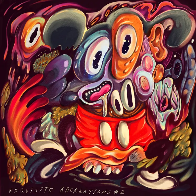 Exquisite Aberrations #2 — surreal pop surrealist artwork by Hans Kristo, featuring distorted organic shapes with abstract fragments, including a subtle Mickey Mouse reference symbolizing cultural memory and transformation.