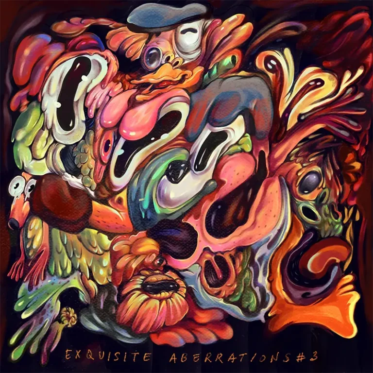 Hans Kristo | Pop Surrealism Artist | Indonesia Pop Surrealism | Lowbrow artist 5 Exquisite Aberrations #3 — surreal artwork by Hans Kristo featuring distorted abstract forms and organic textures, with a subtle reference to Donald Duck hidden within the composition as a playful cultural memory.