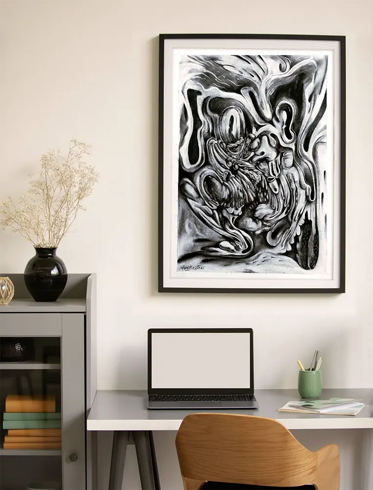 BECOMING THE TRANCENDENT art frame -hanging on wall by pop surrealism artist, Hans Kristo
