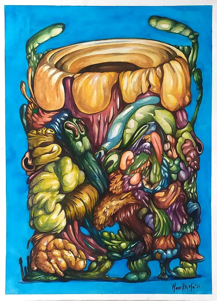 watercolor Abstract artwork by Hans Kristo titled Harmonizing the Essence, featuring intertwining organic lines and layered forms symbolizing the balance of opposing forces, merging shadows and light into a unified rhythm.