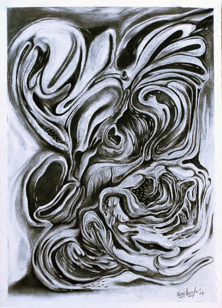 Black and white surreal drawing by Hans Kristo, Inner Flow, with fluid, wave-like forms evoking tissues, shadows, and subconscious movement.”
