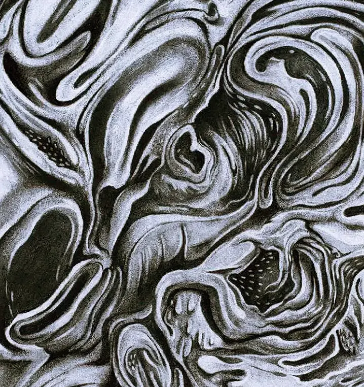 Inner Flow artwork, surrealist depiction of hidden flows, universal movement, and authentic harmony. Traditional art with Charcoal on paper
