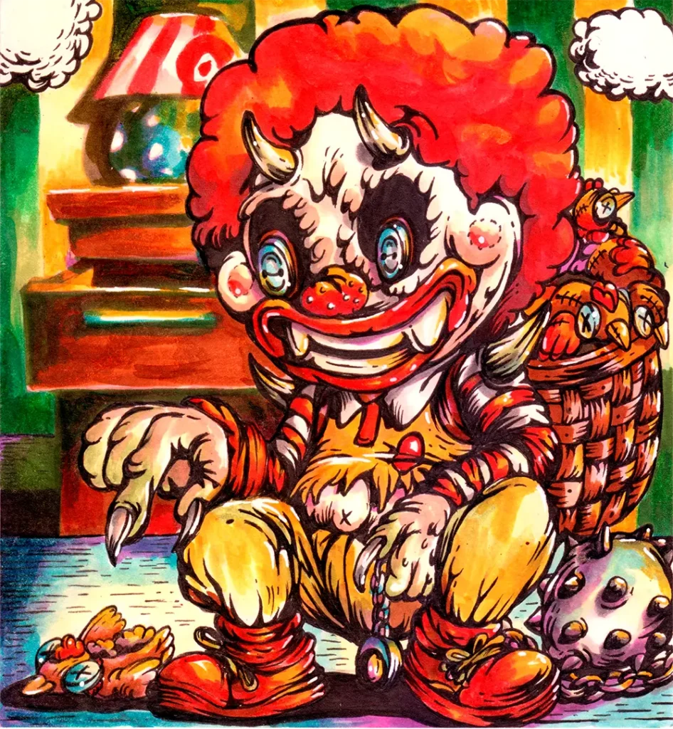 Illustration of Rogan Cluckbane, a transformed clown toy with a menacing grin and sharp claws, surrounded by grotesque chicken-shaped toy mutations.