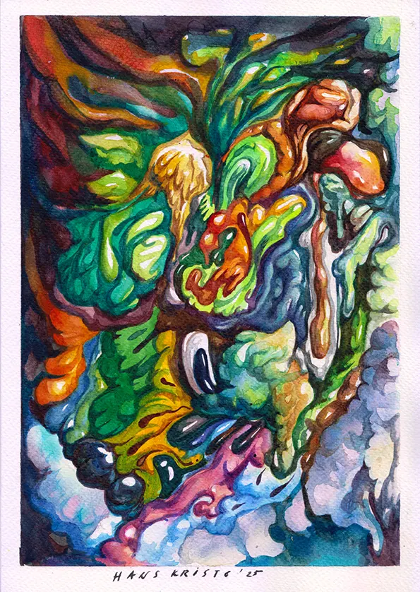 Watercolor abstract painting by Hans Kristo titled Mind Expansion, featuring vivid organic forms in flowing greens, oranges, and blues that evoke growth, transformation, and the expansion of consciousness.