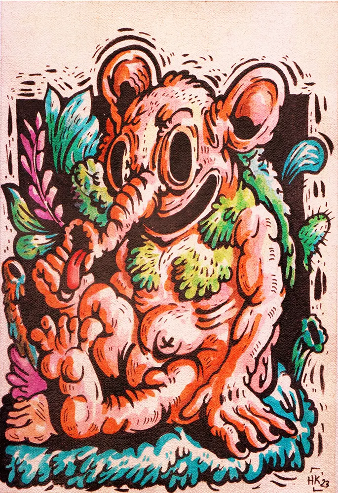 Drawing of Mysura, a mystical cave-dwelling character surrounded by plants and potions, representing wisdom and hidden pathways in Elunia.