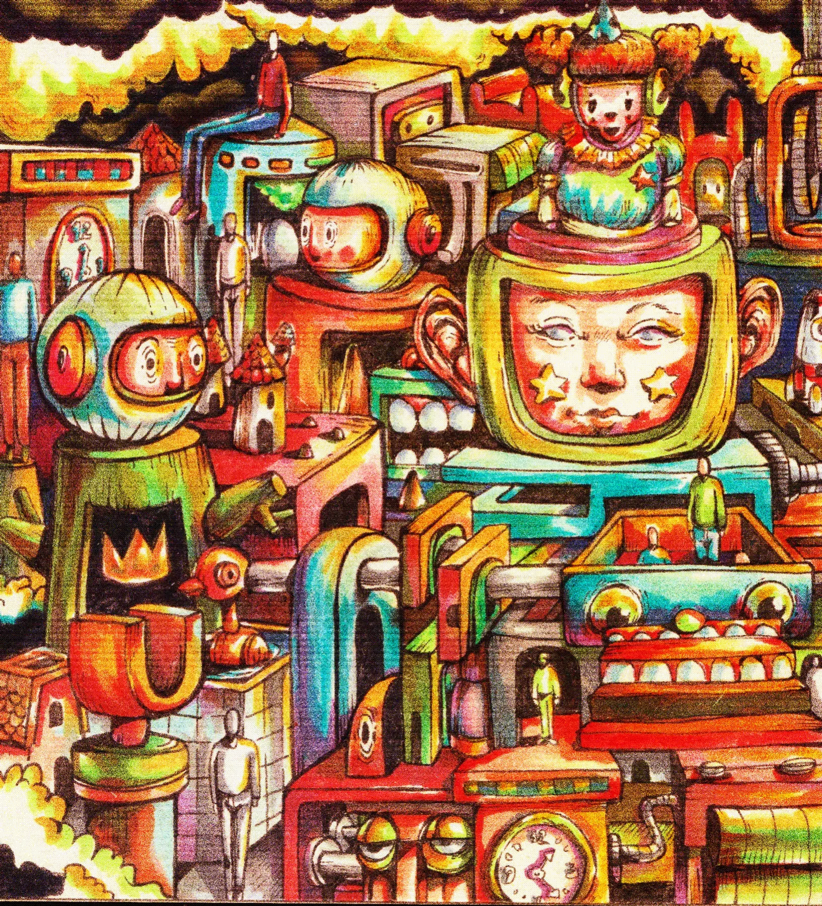Pandora Circuit by Hans Kristo — a pop surrealist artwork featuring vibrant colors and distorted figures that symbolize the chaotic interconnections of human emotions, struggles, and mysteries.