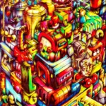 Digital artwork by Hans Kristo depicting a decaying futuristic colony within a ruined digital empire. Fragmented machine-like beings, corrupt codes, and synthetic rituals form an endless cycle of survival amid ruins and echoes of a collapsed civilization.