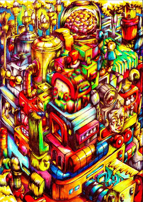 Digital artwork by Hans Kristo depicting a decaying futuristic colony within a ruined digital empire. Fragmented machine-like beings, corrupt codes, and synthetic rituals form an endless cycle of survival amid ruins and echoes of a collapsed civilization.