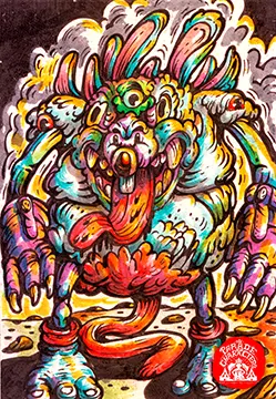 Illustration of TRISERVA, a monstrous guardian formed from three fused rabbits with overlapping faces and sharp teeth, protecting Elara and hidden paths.