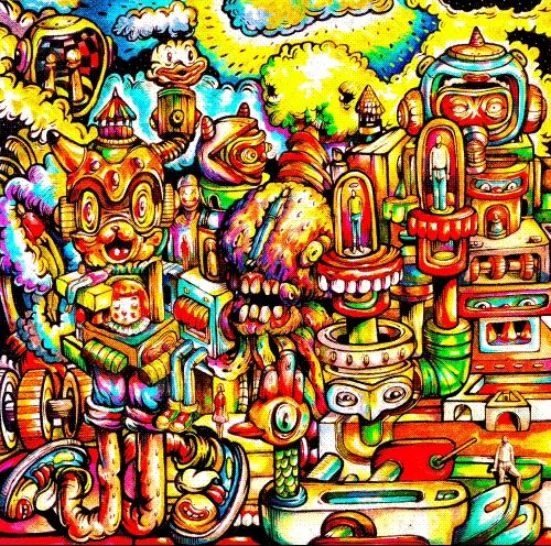 Surreal pop surrealism artwork by Hans Kristo, depicting a fragmented society built from chaos and imagination, blurring truth and illusion in a structured yet unstable order.