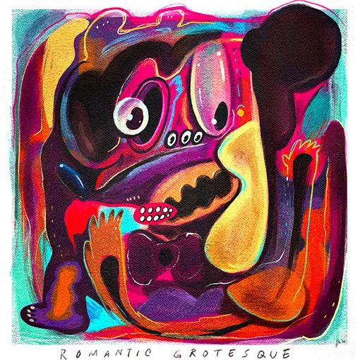 Romantic Grotesque #1 — surreal pop art painting by Hans Kristo, blending beauty with distortion and exploring contrasts between tenderness and grotesque forms.