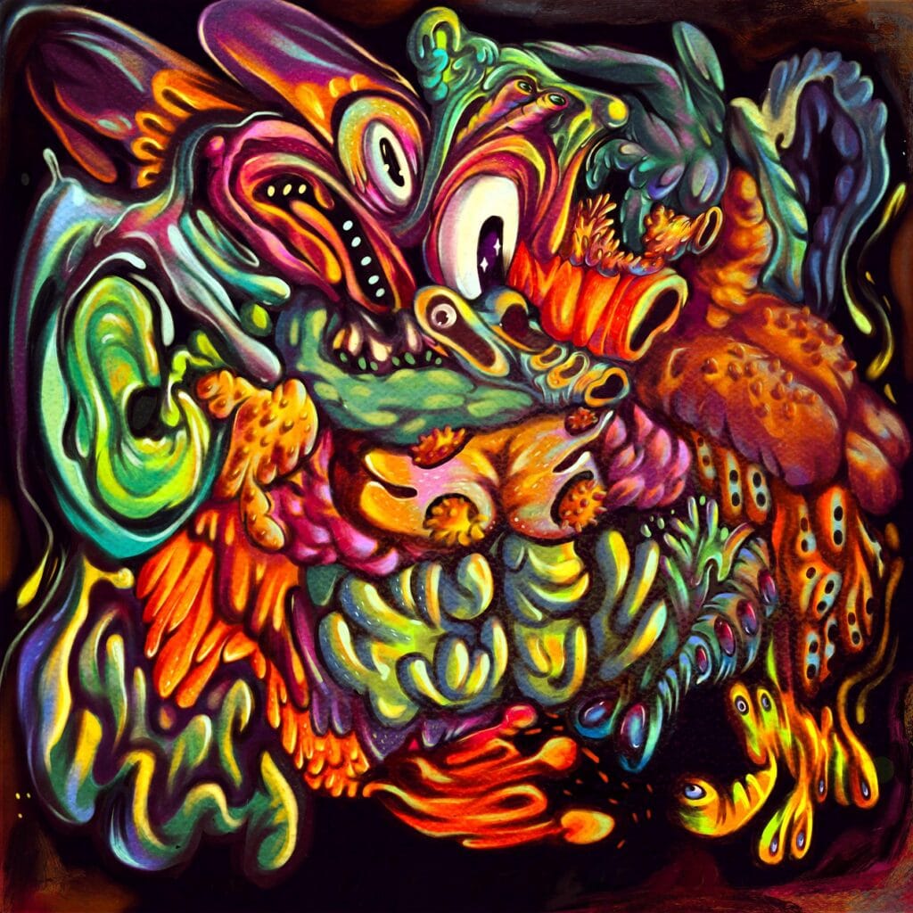 Abstract surrealist artwork depicting a shattered mind, with fragmented shapes and distorted forms symbolizing hysteria, stress, and inner turmoil.
