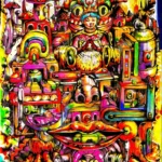 Glitch-inspired pop surrealist artwork by Hans Kristo, depicting a fragmented kingdom of pixelated forms, stacked human-like figures, and a leader blessing with coded words amid a repeating, timeless silence.