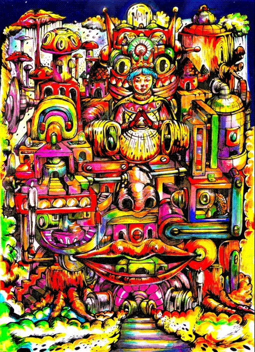 Glitch-inspired pop surrealist artwork by Hans Kristo, depicting a fragmented kingdom of pixelated forms, stacked human-like figures, and a leader blessing with coded words amid a repeating, timeless silence.