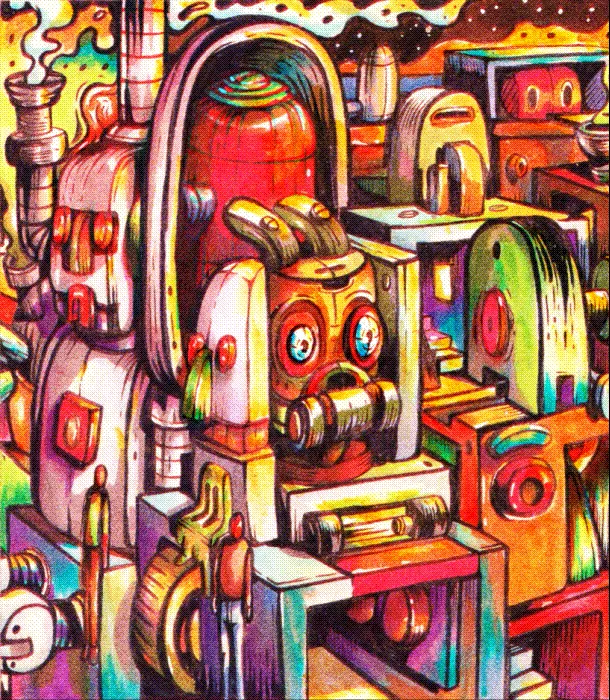 The Clockwork Tremor , pop surrealism art and pixel art by Hans Kristo - Rabbit and fearness machine .