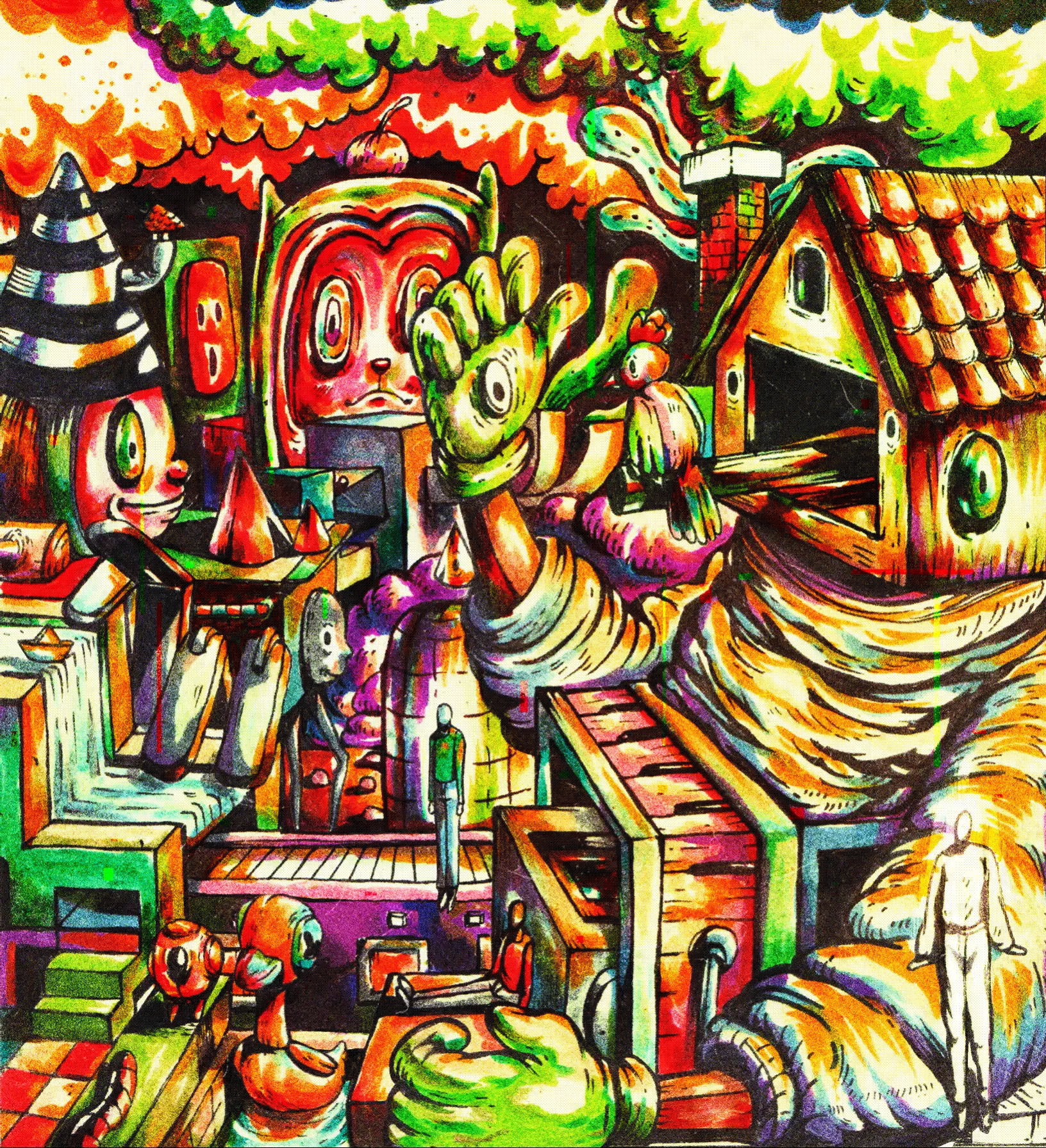 Pop Art surreal artwork by Hans Kristo depicting interconnected figures and rhythmic structures, symbolizing the invisible patterns of daily habits and routines