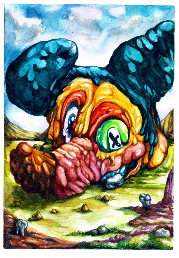 surreal painting of a distorted Mickey-like figure with melting forms, X-marked eyeball, and grotesque textures, lying in a grassy landscape.