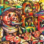 Surreal industrial factory painting by Hans Kristo, featuring lifeless pigs as metaphors for greed, tangled gears, conveyor belts, and smoke — symbolizing endless consumption and heartless production