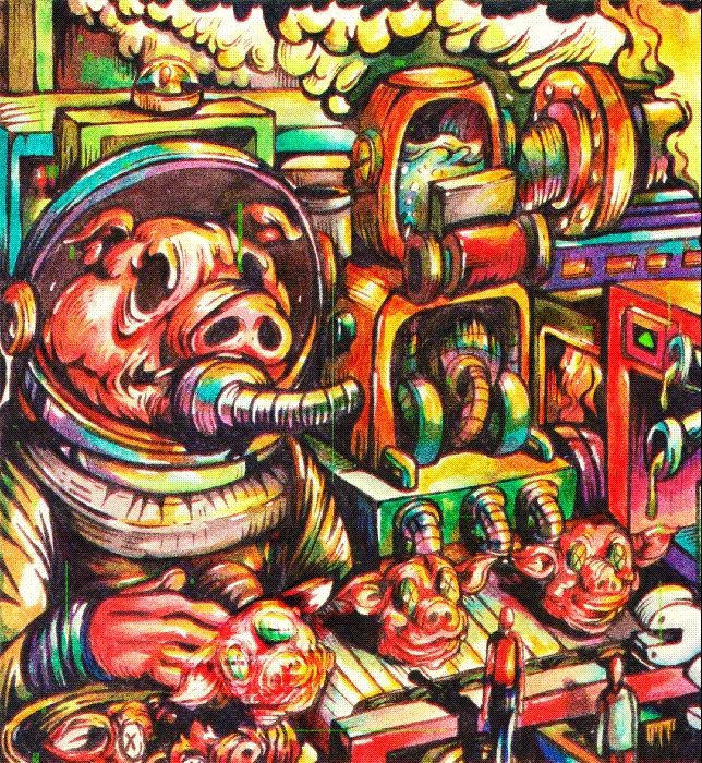 Surreal industrial factory painting by Hans Kristo, featuring lifeless pigs as metaphors for greed, tangled gears, conveyor belts, and smoke — symbolizing endless consumption and heartless production