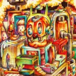 Industrial Bath, a Mixed media pop surrealist artwork by Hans Kristo, depicting marginalized human figures submerged in a chaotic, machine-like industrial structure that symbolizes the divide between use and discard.