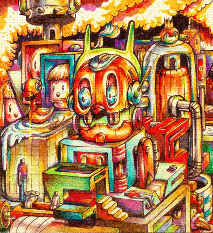 Industrial Bath, a pop surrealist artwork by Hans Kristo, depicting marginalized human figures submerged in a chaotic, machine-like industrial structure that symbolizes the divide between use and discard.