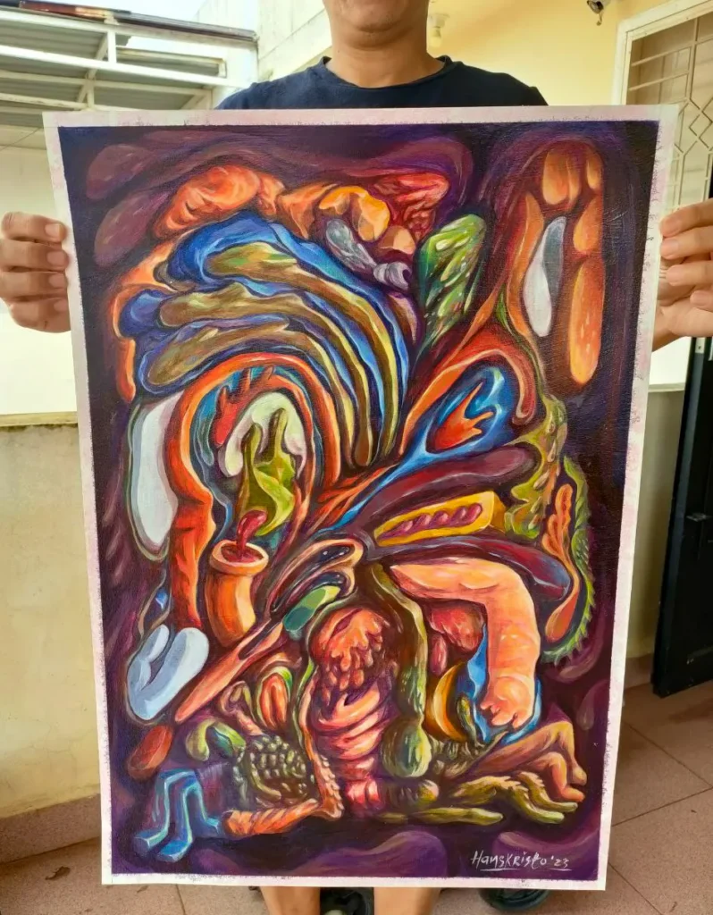 Abstract surreal painting with flowing organic forms radiating from a central core, symbolizing breath and regeneration by Hans Kristo