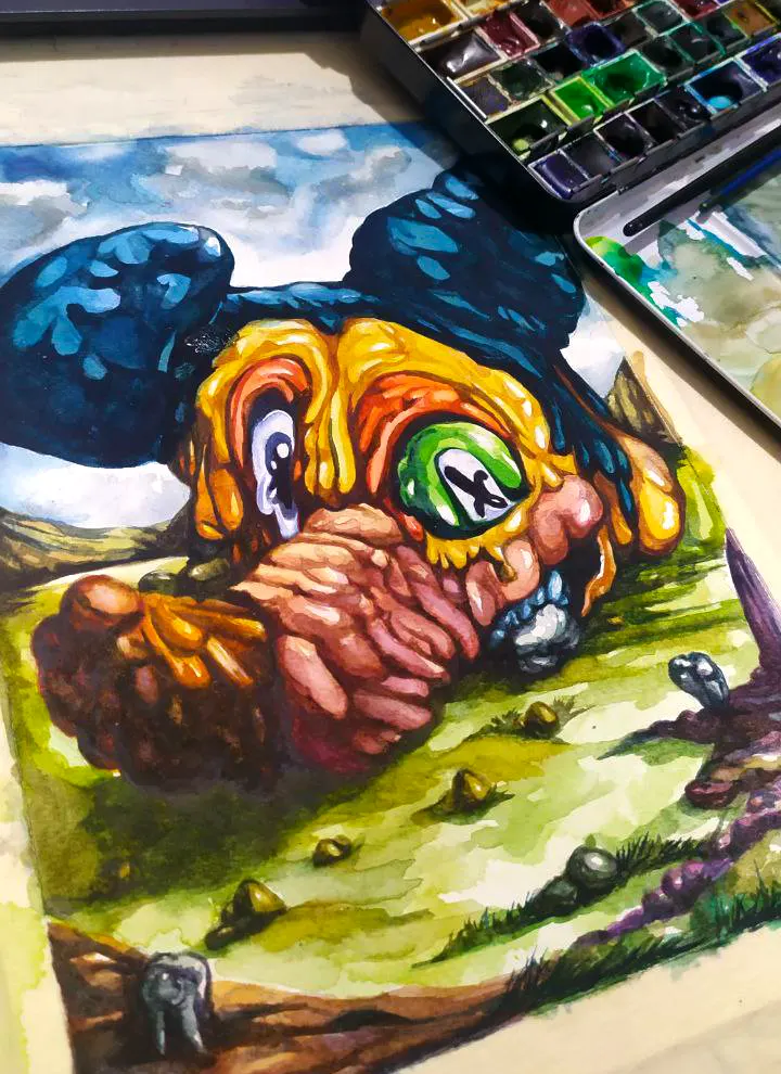watercolor pop surrealism art titled " FORGOTTEN FANTASIA " by Hans Kristo , mickey mouse distortion face
