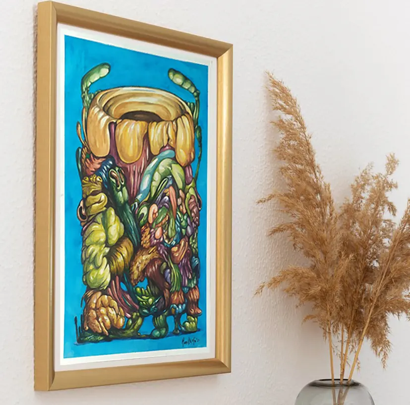 Framed watercolor Abstract artwork by Hans Kristo titled Harmonizing the Essence, featuring intertwining organic lines and layered forms symbolizing the balance of opposing forces, merging shadows and light into a unified rhythm.