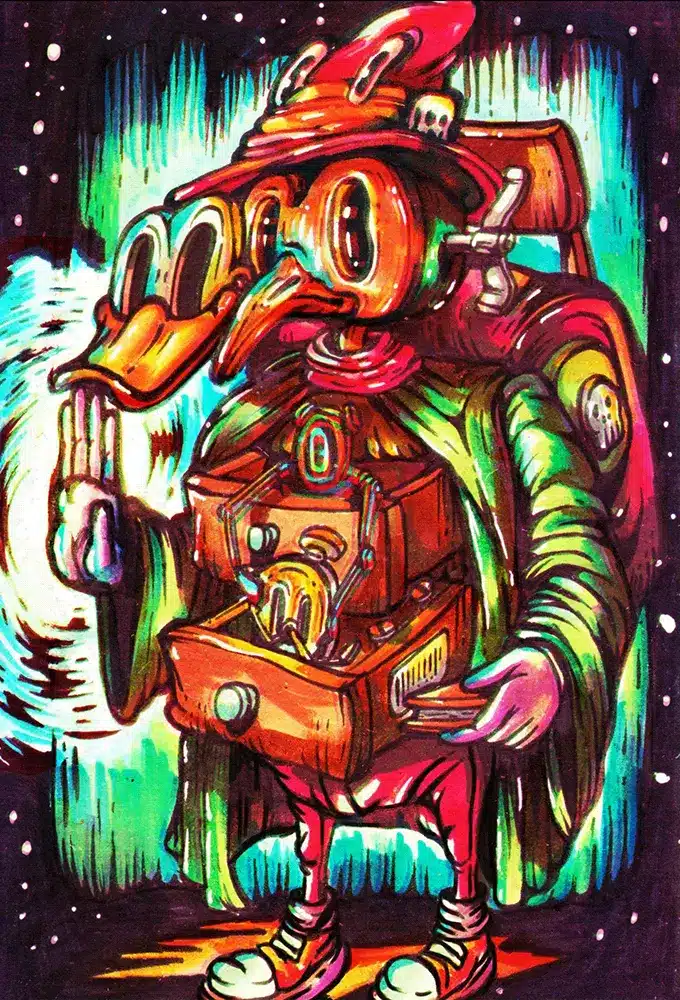 Whispera spell with a cupboard and mask and clock friends . The Parade of characters Pop surrealism art by Hans Kristo