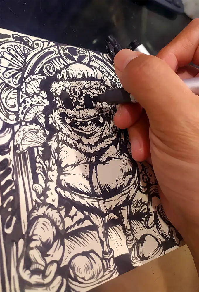Ink on paper artwork of Dark Santa, a sinister reimagination of the holiday figure, blending themes of shadow, greed, and forgotten desires.