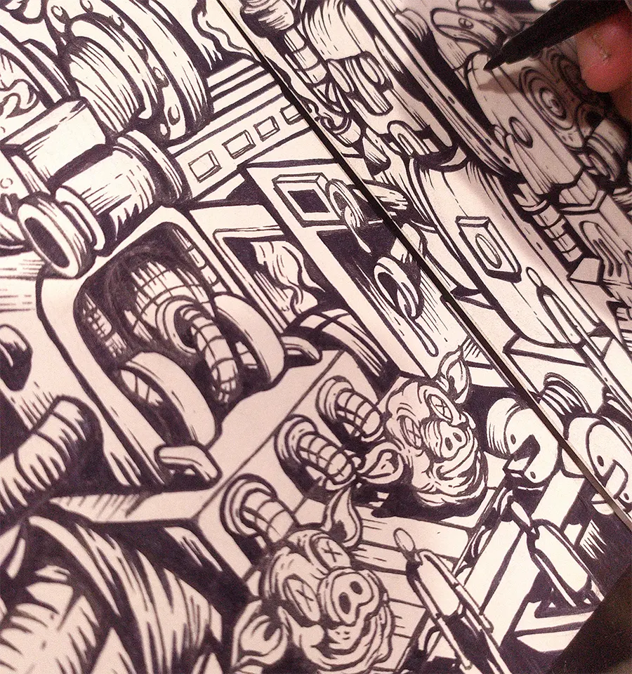Work in progress of Hans Kristo’s The Gluttonous Gear — from marker sketches of gears and pigs to layered industrial chaos, slowly evolving into a surreal factory of greed.