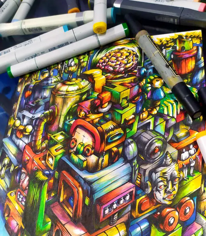 Work in progress of Post-Digital Hive by Hans Kristo — developing sketches and digital layers depicting fragmented beings and machine-like hive structures in a chaotic, synthetic colony.