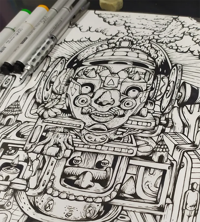 Work in progress of Fractured Simulacra by Hans Kristo — sketches and glitch experiments showing the world breaking apart into fragmented forms and chaotic simulations.