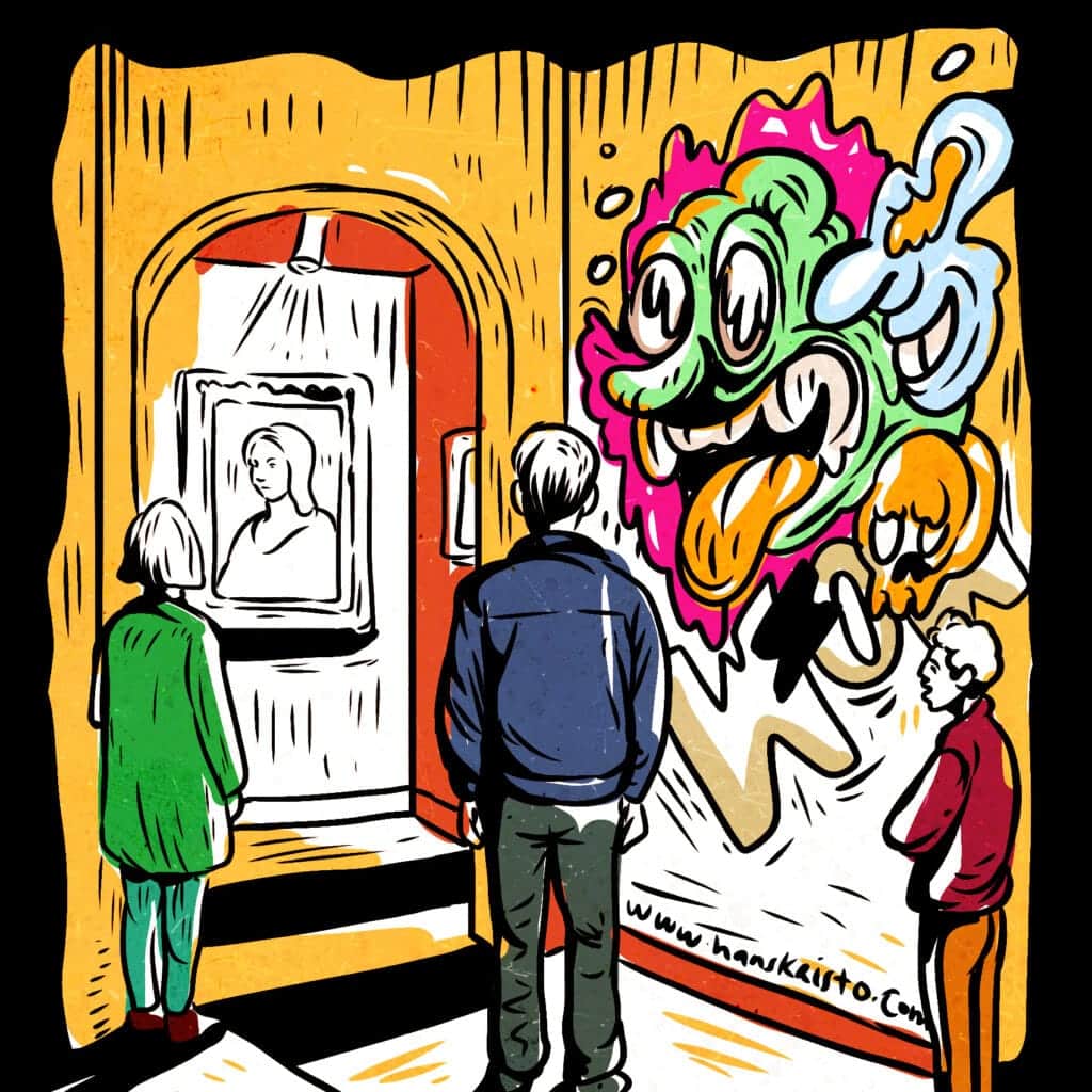 Pop Surrealism illustration showing High Art vs Low Art exhibition, with a classical framed portrait on one side and colorful cartoonish lowbrow graffiti on the other, observed by visitors in a gallery.