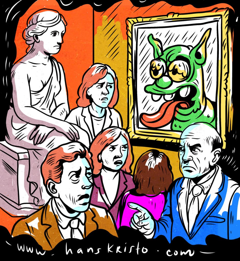 "Pop Surrealism artwork illustrating High Art vs Low Art, with classical statues and critics reacting to a cartoonish green creature painting with bulging eyes and tongue in a gallery setting