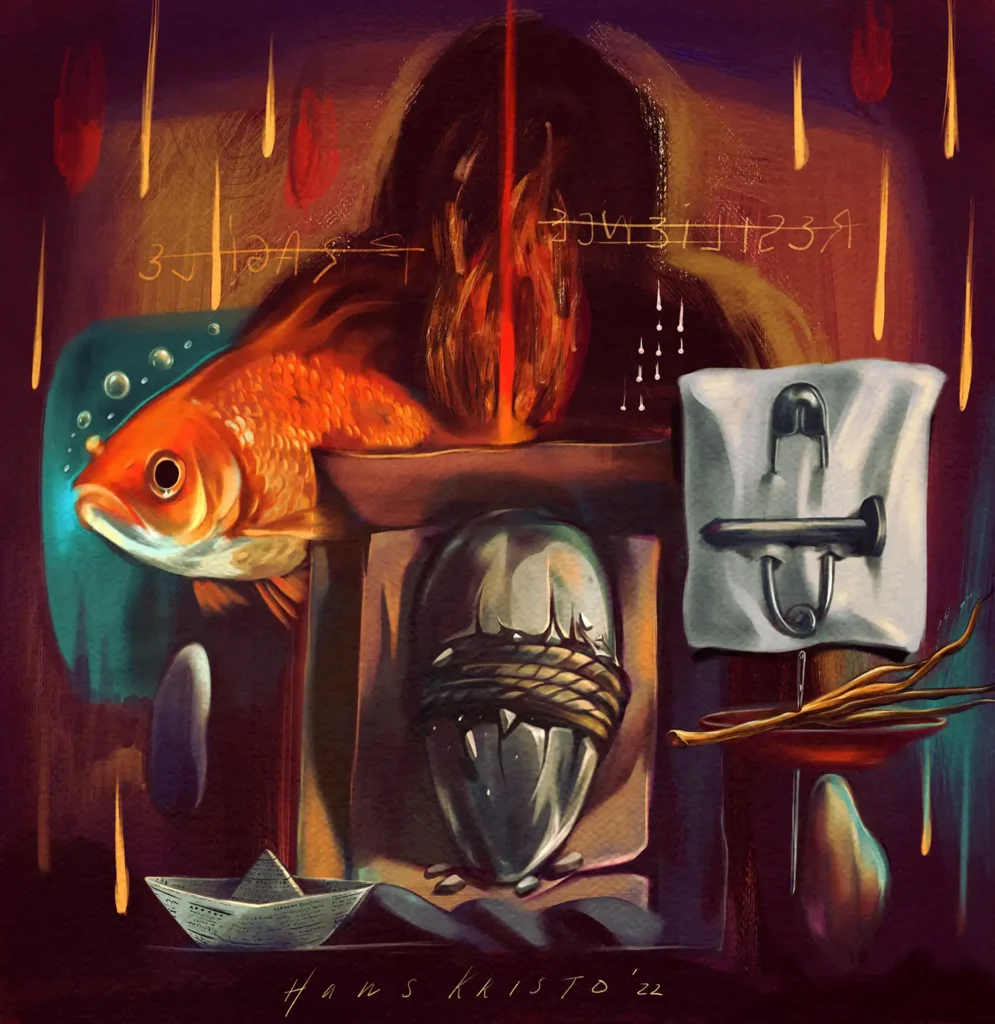 Surreal digital art Stories of Resilience by Hans Kristo, 2022 – visual poem with symbolic fish, fire, and abstract objects about overcoming life’s challenges.