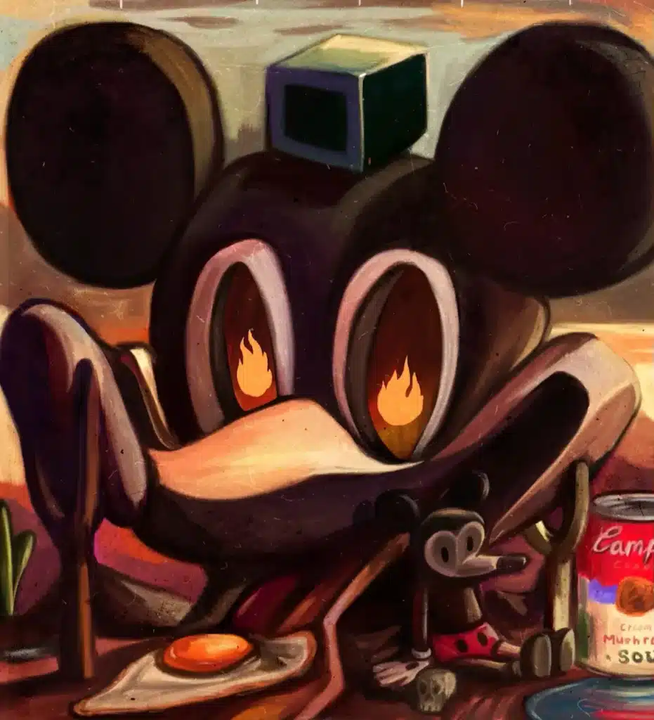 Pop Surrealist painting “Burn With a King” by Hans Kristo, featuring a distorted Mickey Mouse–like figure with fiery eyes, a Campbell’s soup can, a fried egg, and a glitch cube, symbolizing fame, irony, and exhaustion in contemporary art.