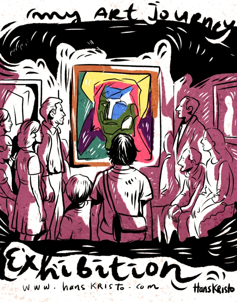 Hand-drawn exhibition scene with diverse visitors standing and sitting around a large, colorful cubist painting; bold “Exhibition” lettering and website at the bottom.